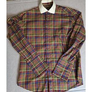 Steven Land Mens Dress Shirt 15.5 34/35 Multicolor Plaid White Collar
